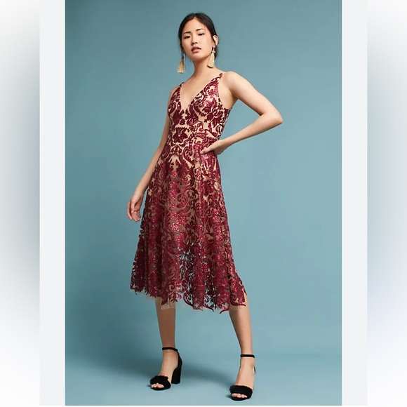 Dress the Population Burgundy Blair Lace Midi Dress Size Small
